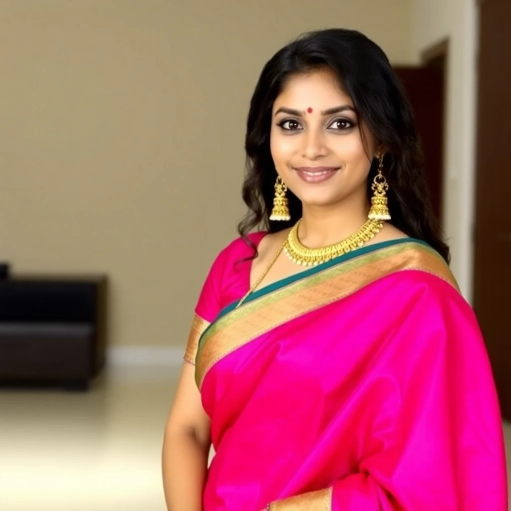 AI-generated saree photo — woman in a royal blue Chanderi saree with silver border